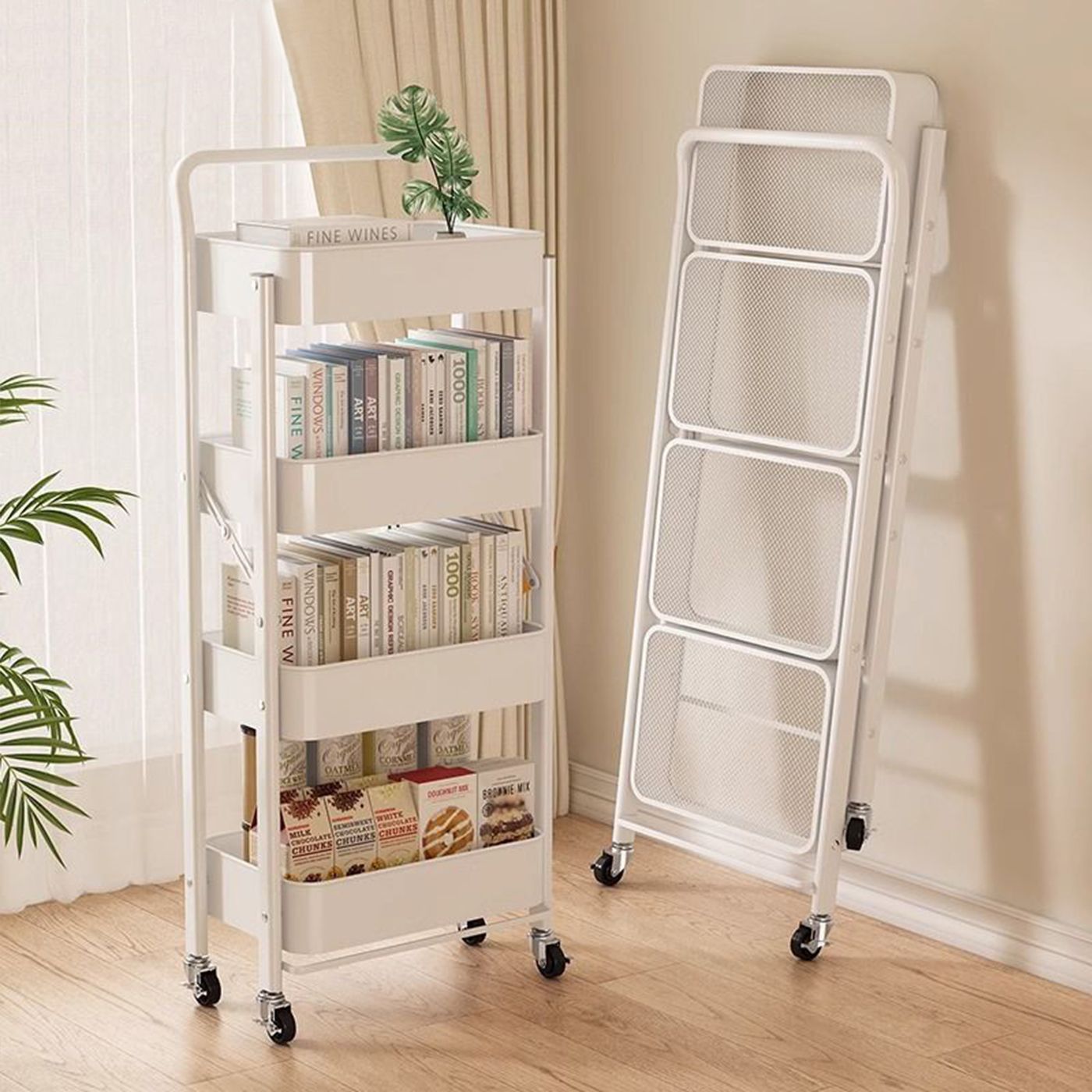 Kitchen Appliances In White - Foldable Rolling Kitchen Trolley 4 Tier